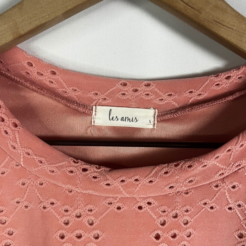 Les Amis Blouse Women Small Rose Pink Eyelet Detail Short Sleeve Puff Sleeve - Picture 4 of 7
